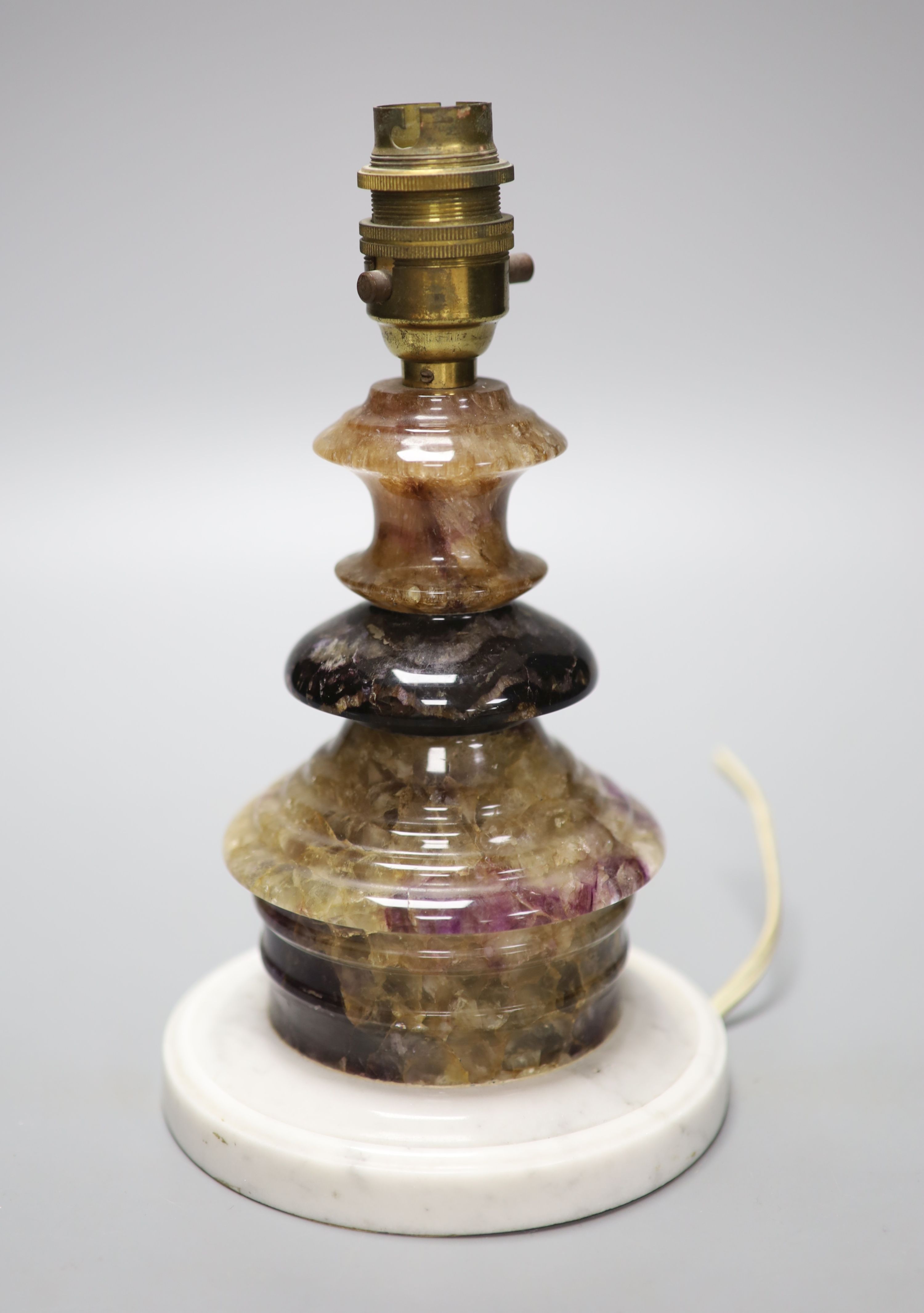 A turned sectional Blue John desk lamp, on turned grey marble base, height 22cm